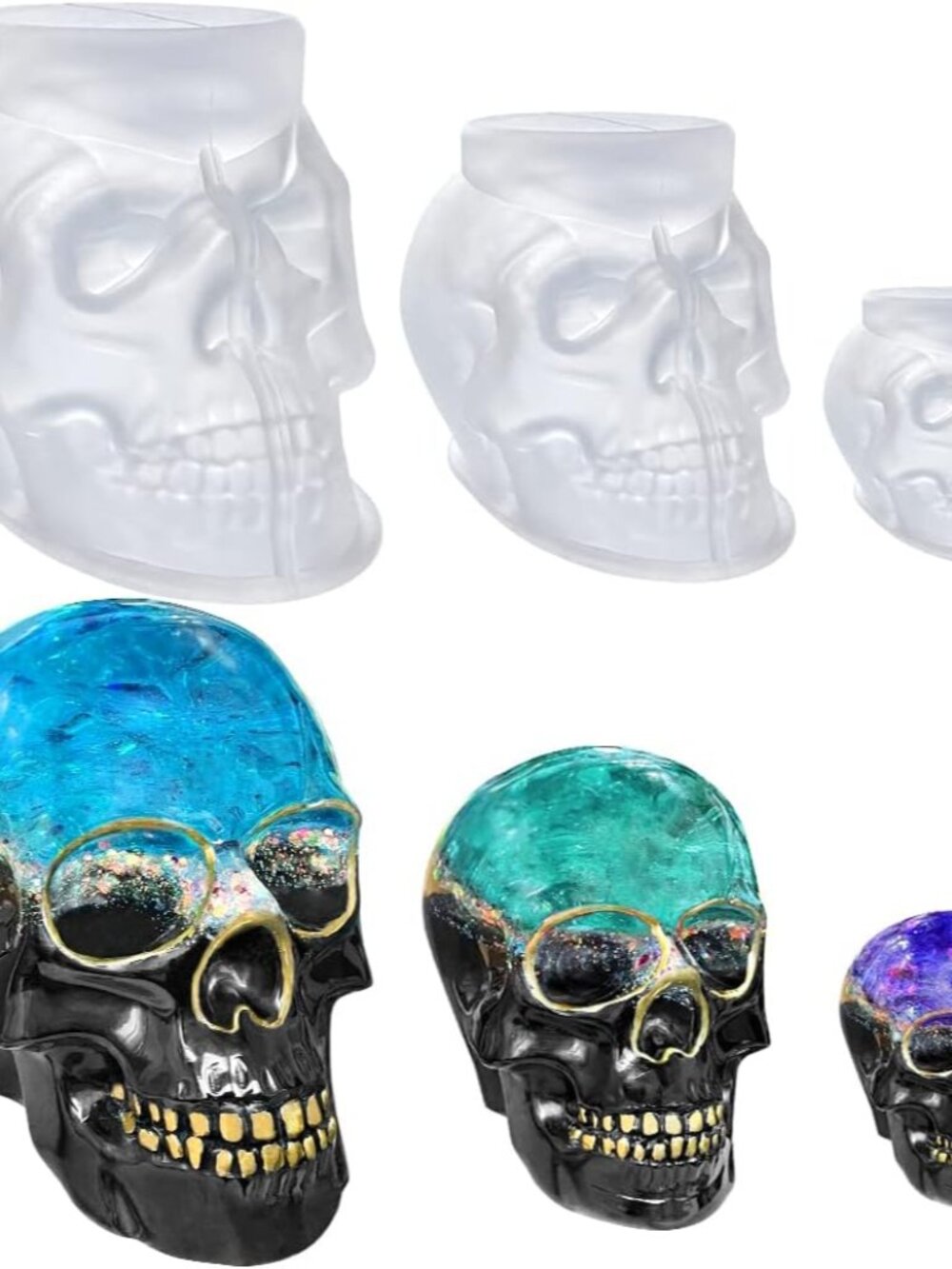 Set of Large + Medium + Small 3D Skull Resin Molds, Flexible Clear Silicone Skul